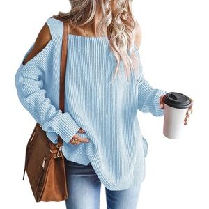 Women's Cold Shoulder Oversized Chunky Knit Tunic Sweater, Blue